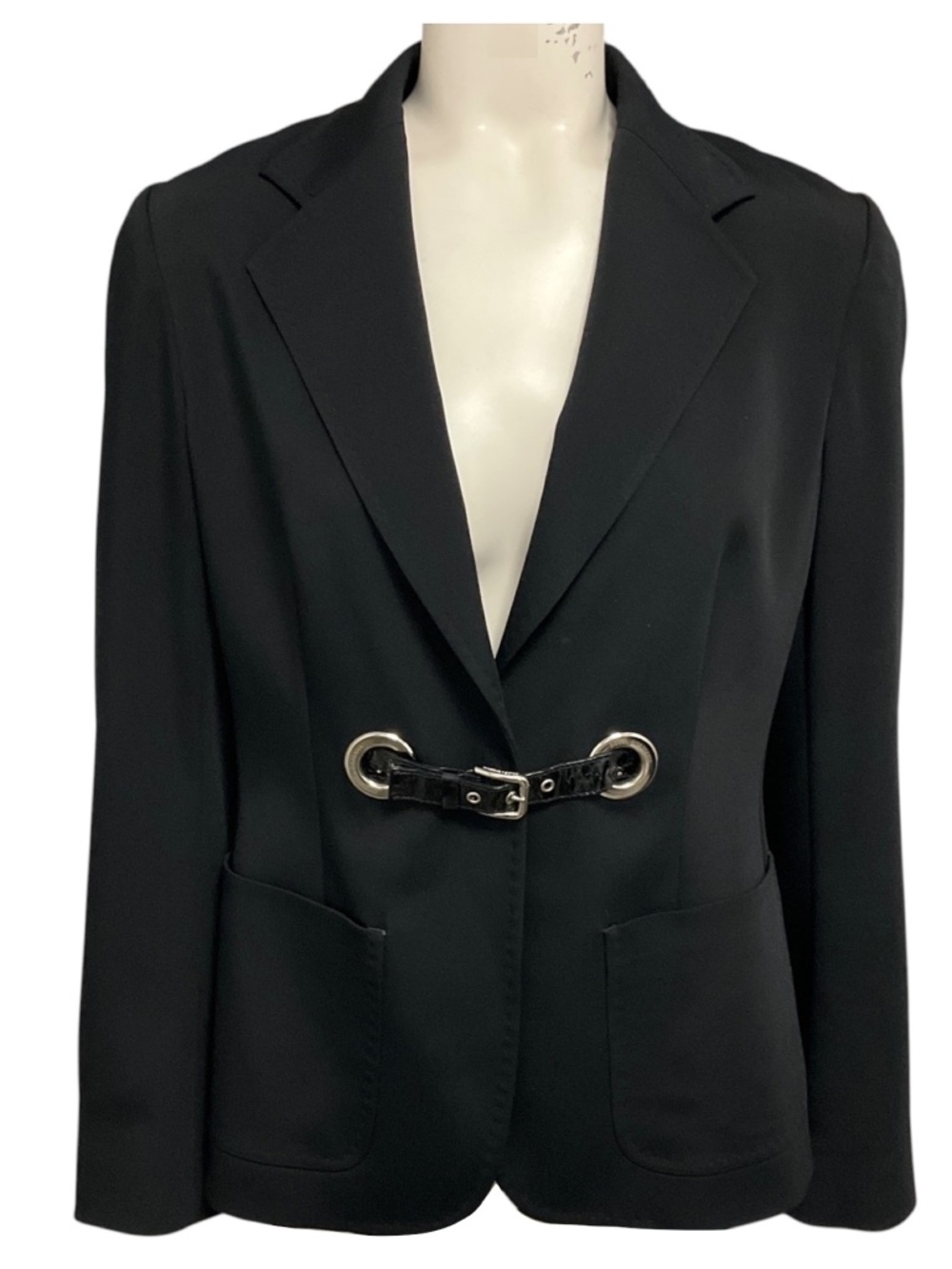 DOLCE & GABBANA BLACK CREPE JACKET WITH PATENT LEATHER BELT